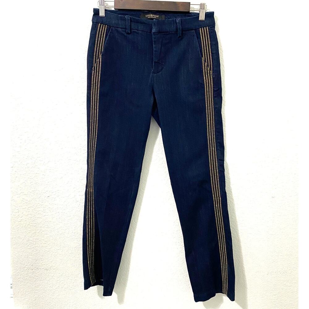 LIVERPOOL LA Womens Pants Size 4/27 Dark Wash Ankle Gold Side Stripe Stretch